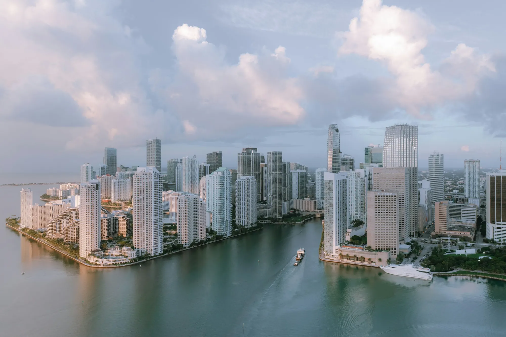 Brickell from the air - towers along the water where the Miami River meets the bay
