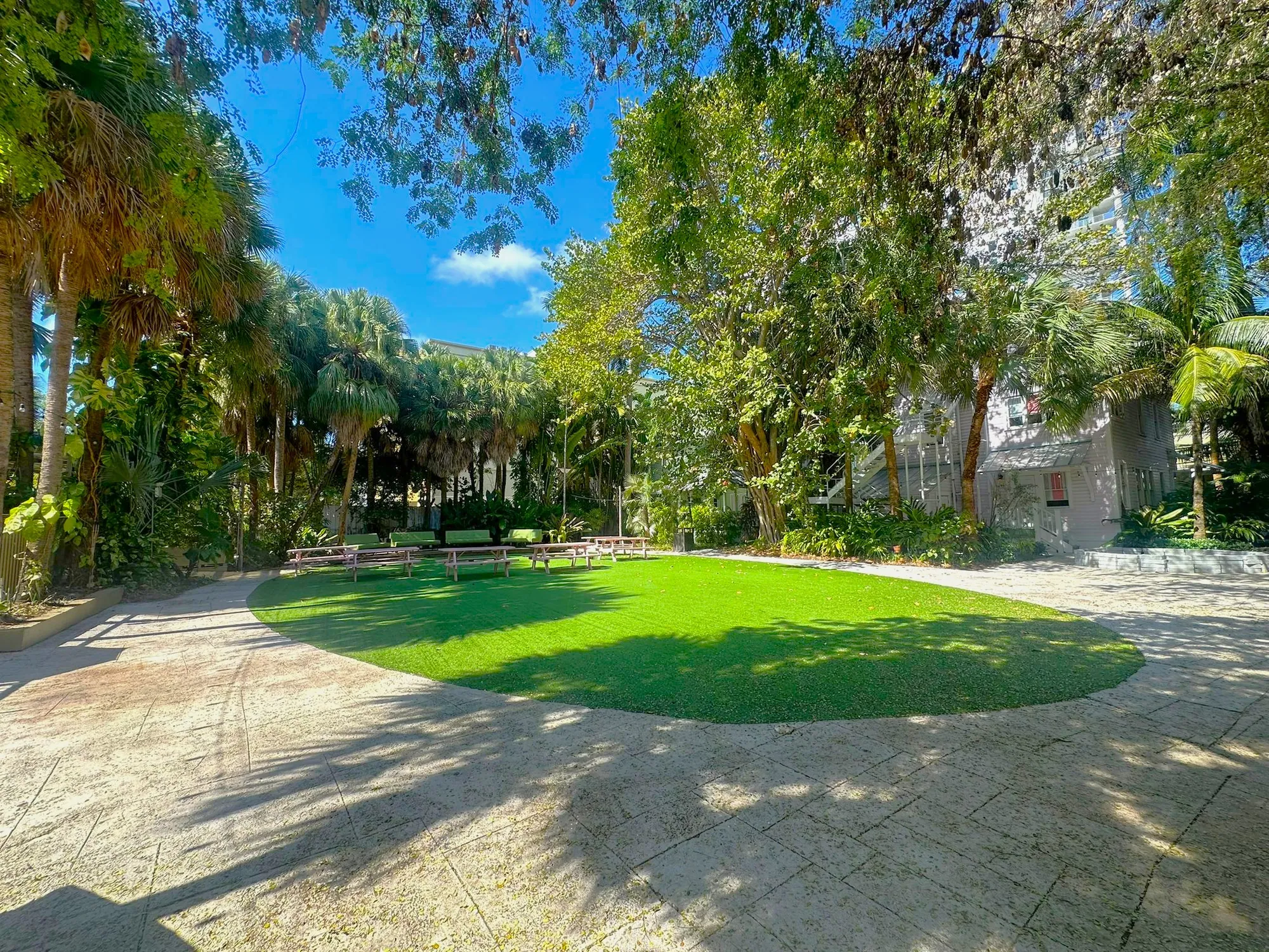 The open lawn between the cottages under a canopy of trees