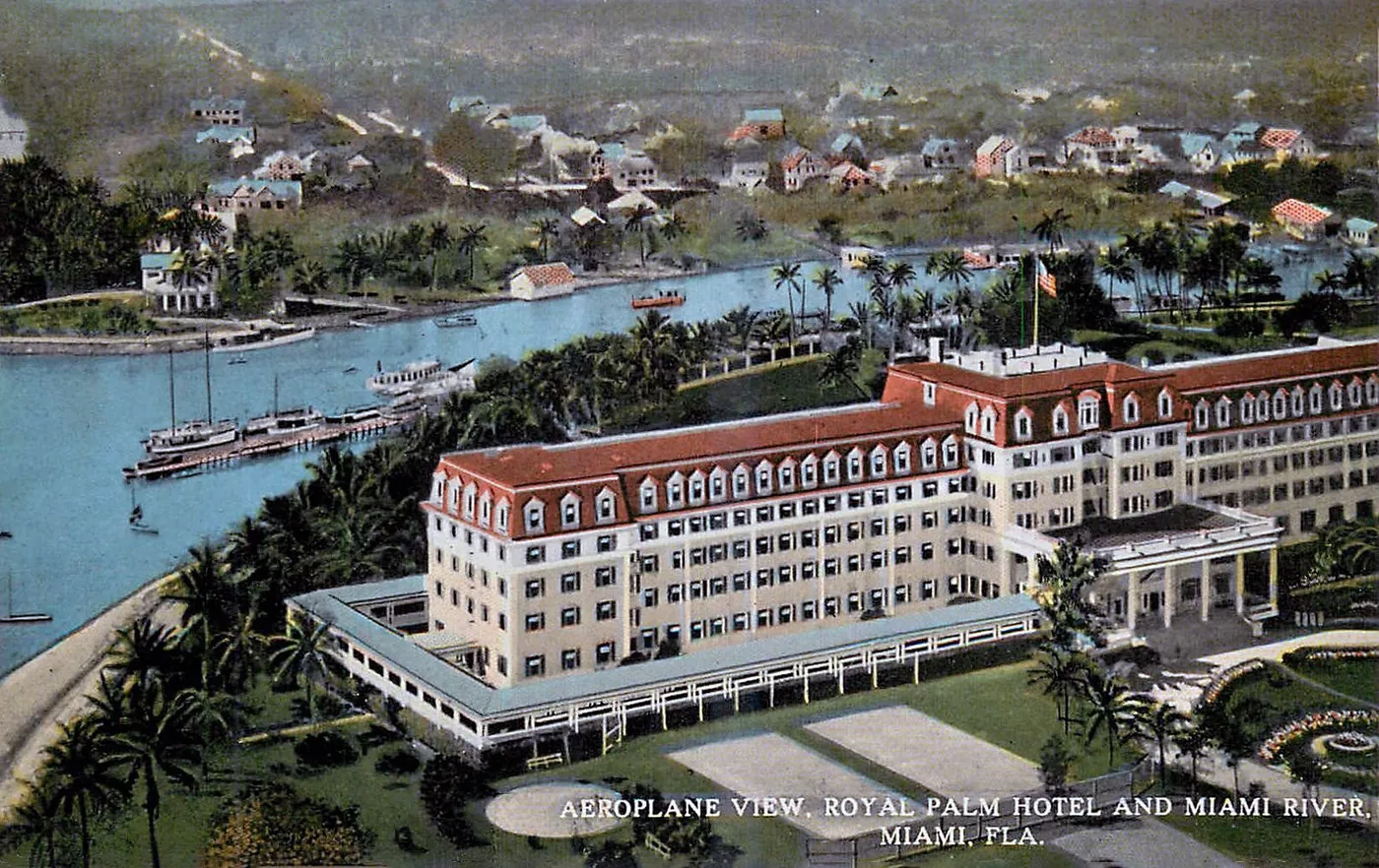 An aerial postcard of the Royal Palm Hotel and the Miami River, 1913