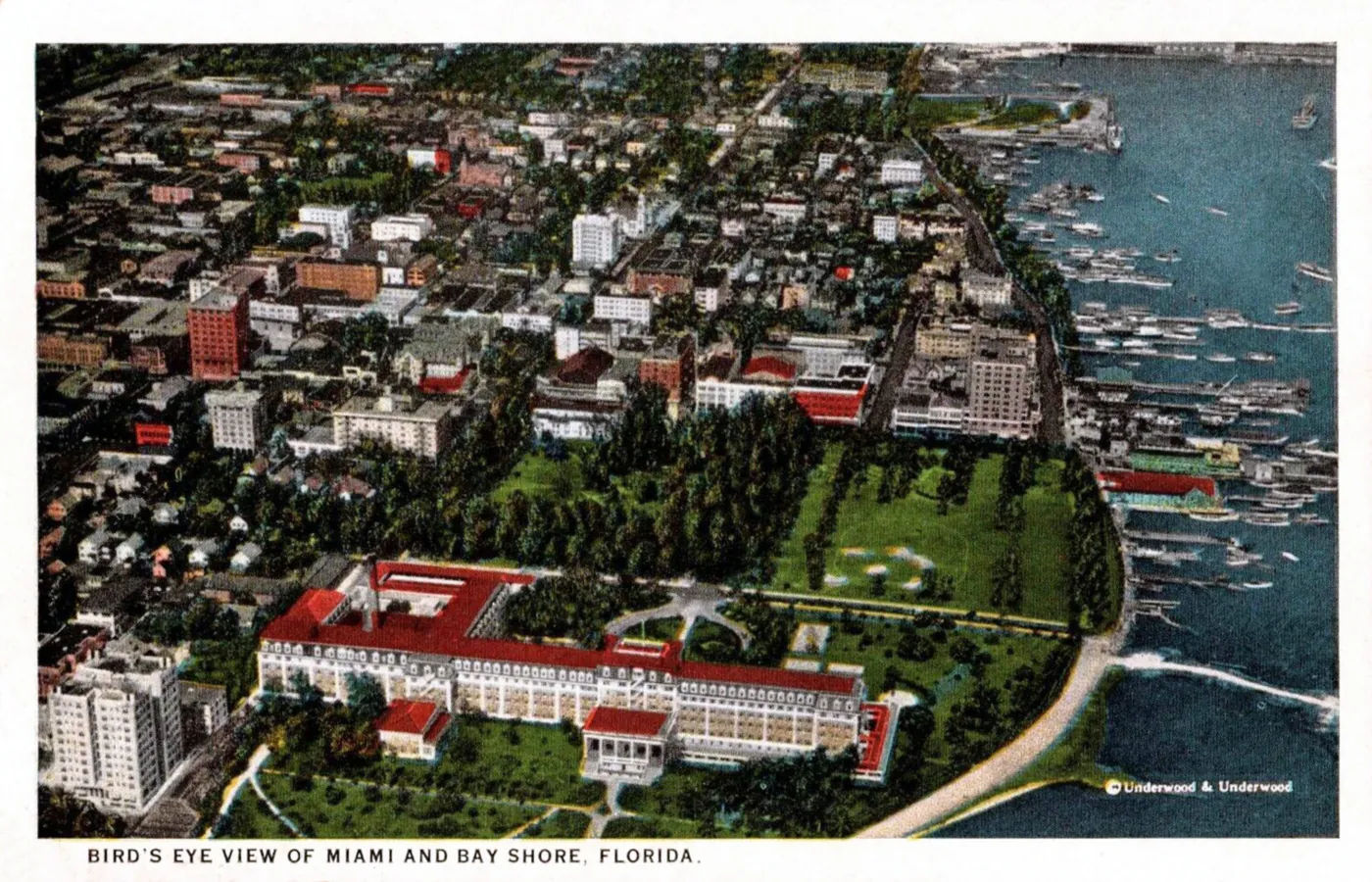 A bird's-eye postcard of Miami and the bay shore, 1924