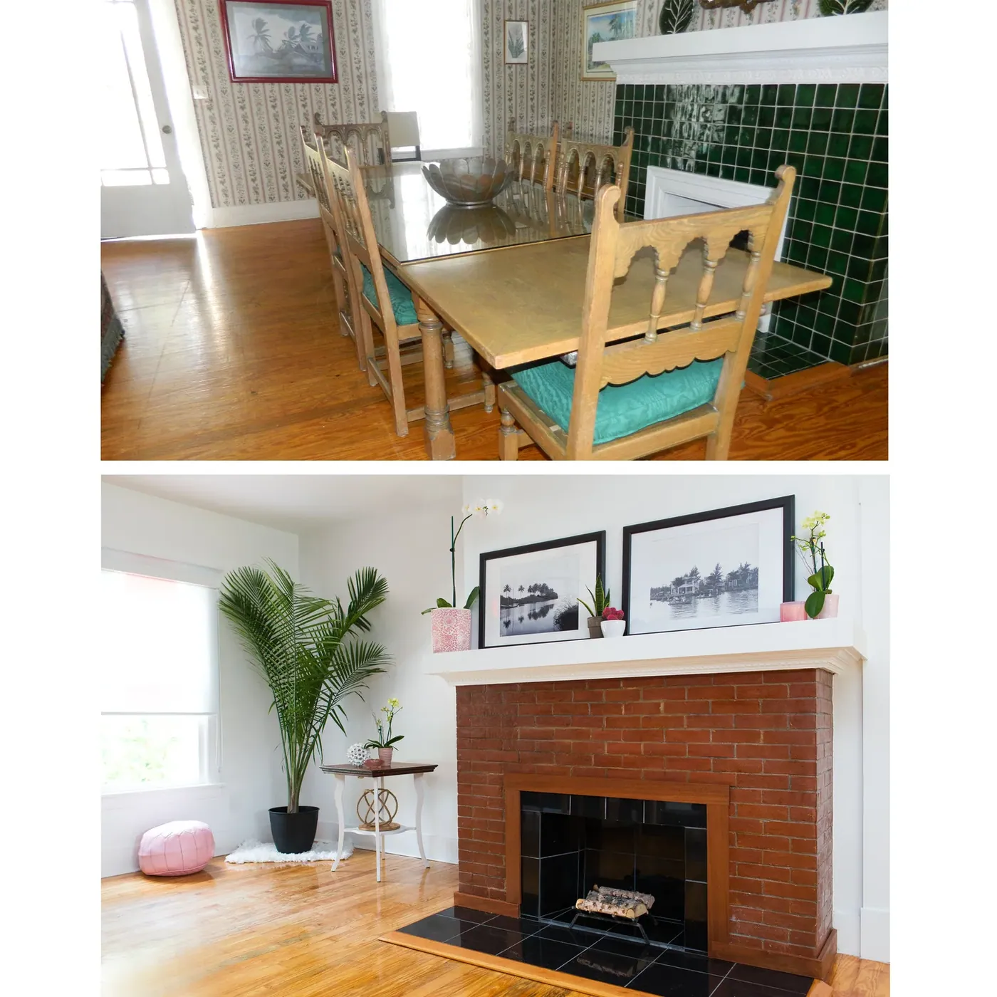 A restored living and dining room