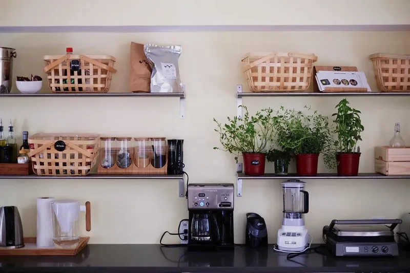 Open shelving in the communal kitchen