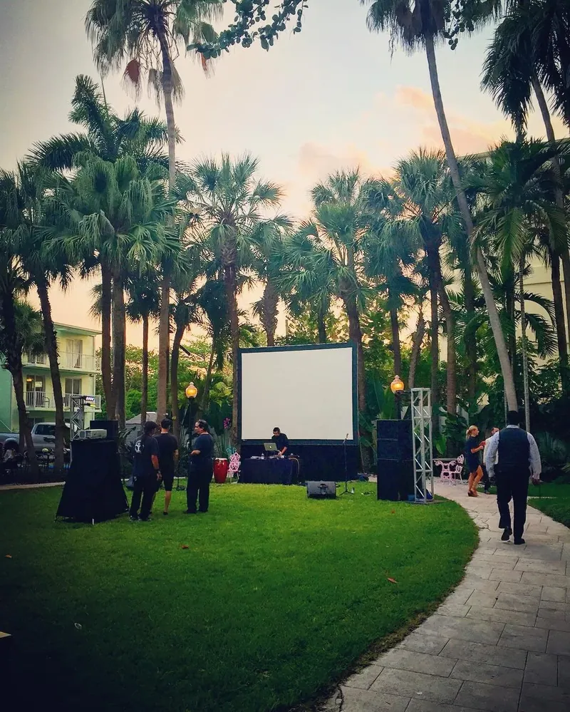 An outdoor screening set up on the lawn